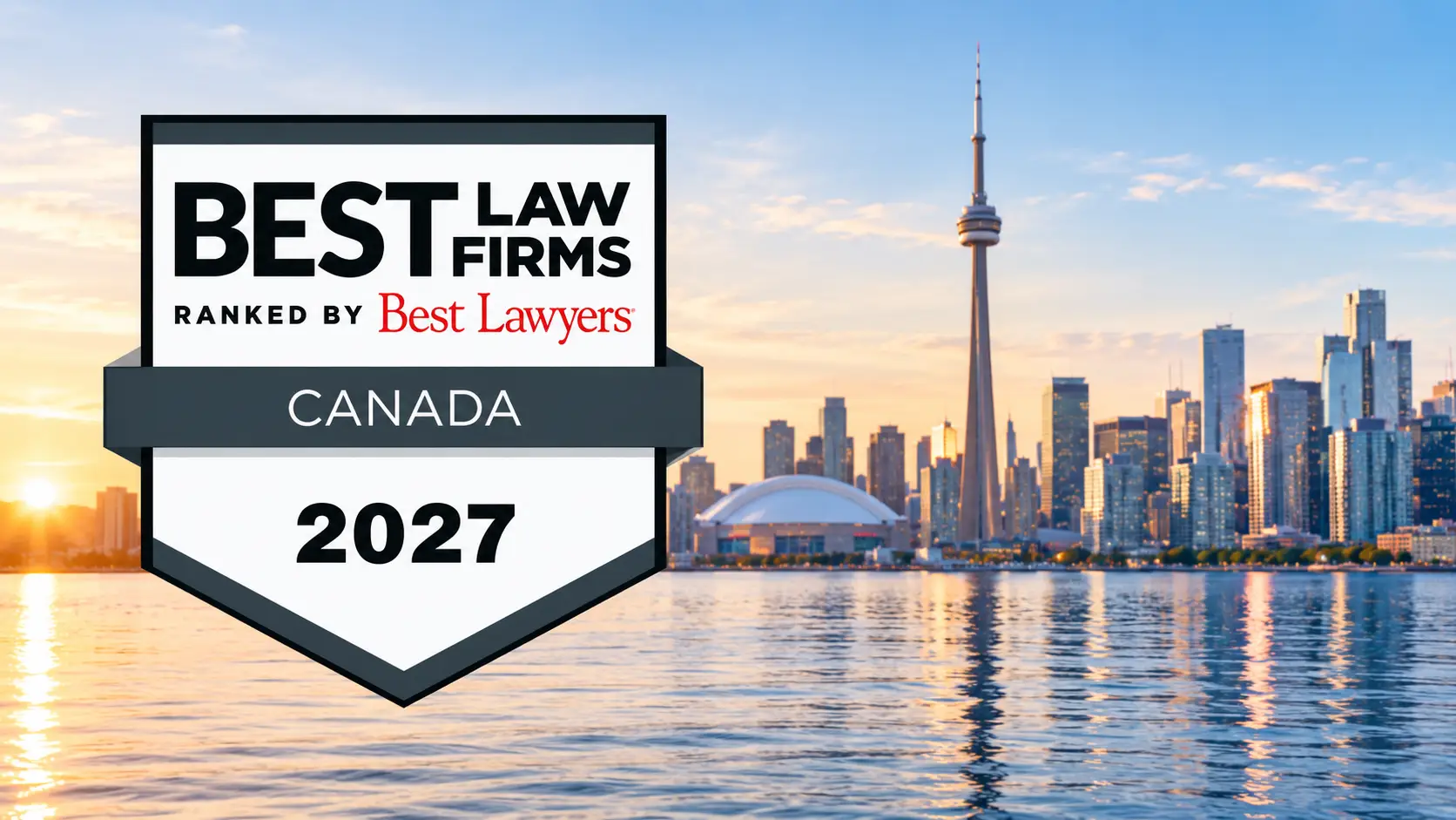 Best Law Firms – Canada 2027 award badge alongside a Canadian passport and Toronto skyline, celebrating Guberman//Appleby Immigration Lawyers’ national and Tier 1 Toronto rankings in Immigration Law.